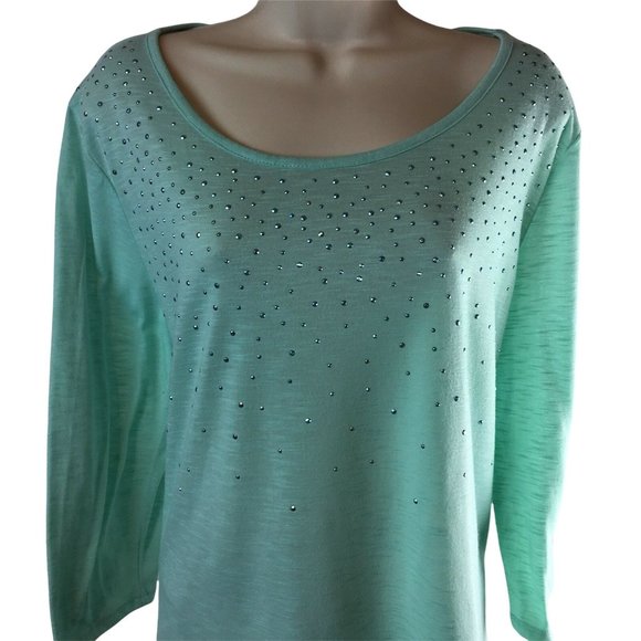 Turquoise Shirt New York and Co  XL Blouse Top  Burnout Rhinestones u - Picture 3 of 5